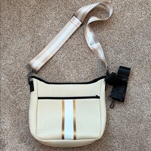 Haute Shore Stylish Cream Crossbody Bag with Gold Stripe neoprene
